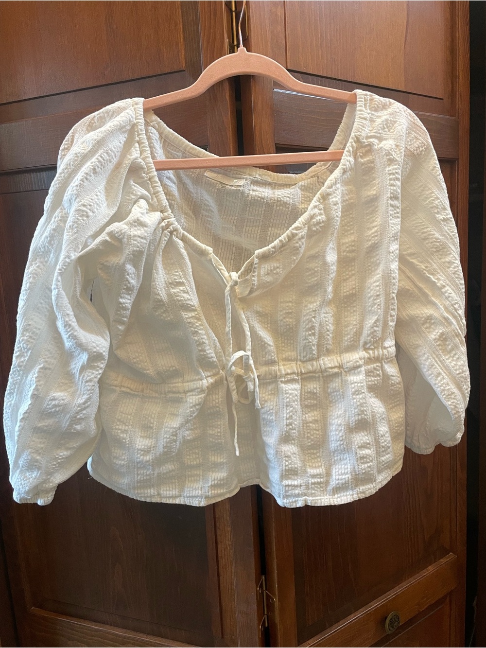 MOTHER Cream Textured Tie-Front Peasant Blouse Worn Once